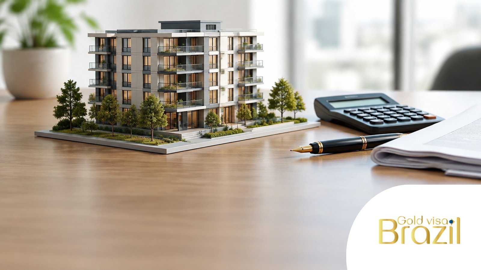 Architectural model of a luxury building next to a calculator and tax documents