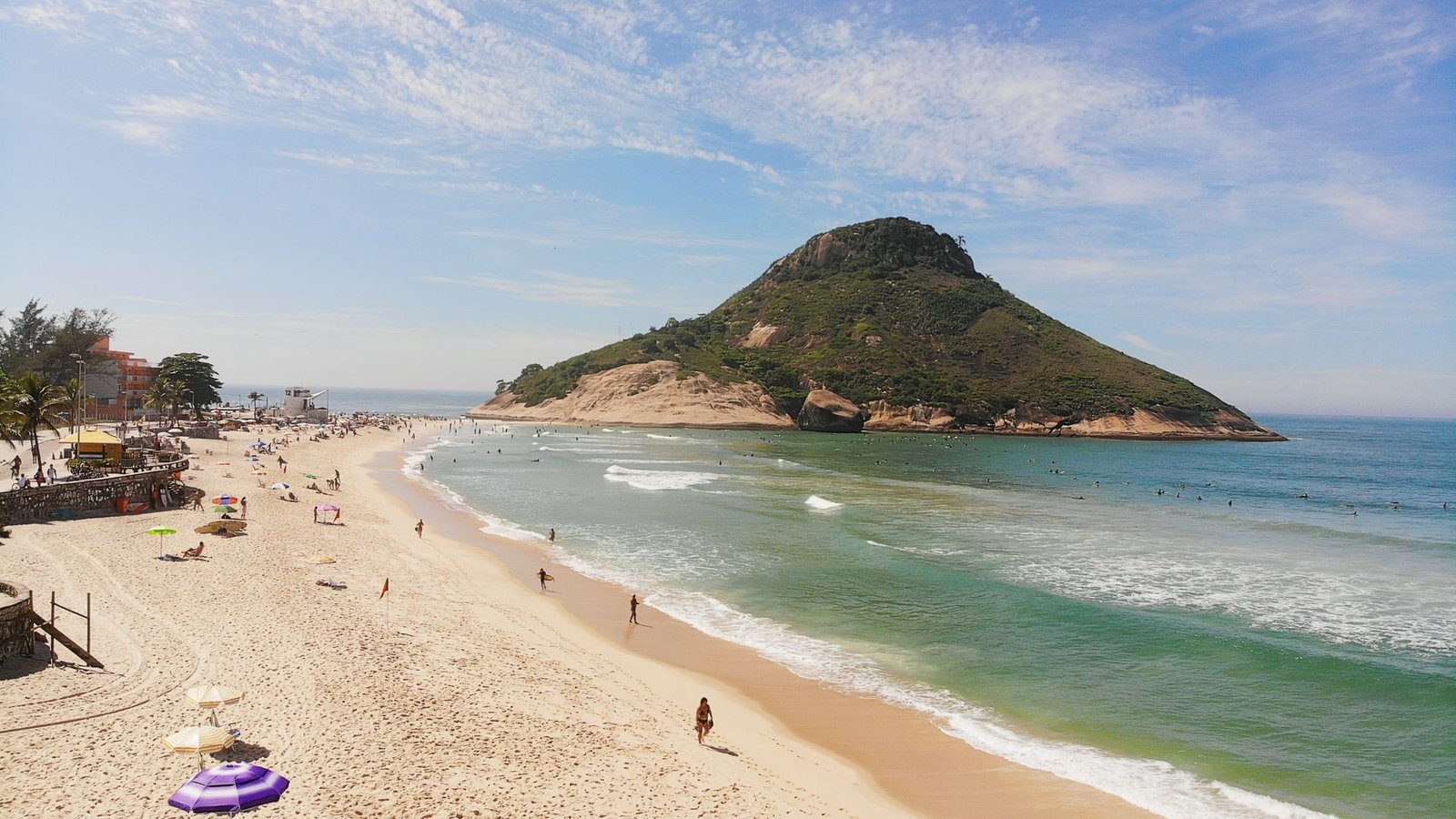 Aerial view of Recreio beach on a sunny day in Rio de Janeiro