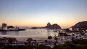 Botafogo Bay and Sugarloaf Mountain at dusk in Rio de Janeiro
